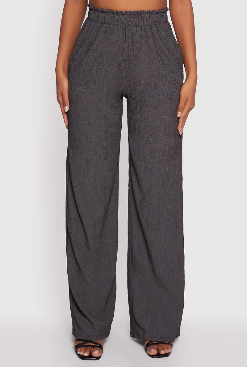 Womens Textured Knit Paper Bag Waist Wide Leg Pants, Grey,