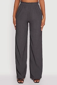 Womens Textured Knit Paper Bag Waist Wide Leg Pants, Grey,