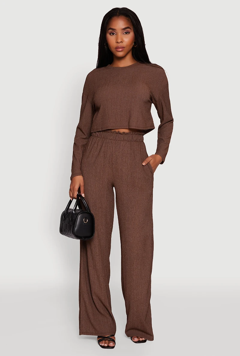 Womens Textured Knit Paper Bag Waist Wide Leg Pants,