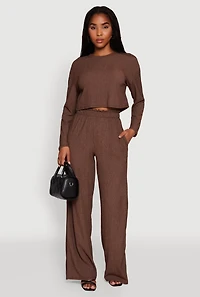 Womens Textured Knit Paper Bag Waist Wide Leg Pants,