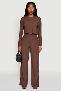 Womens Textured Knit Paper Bag Waist Wide Leg Pants,