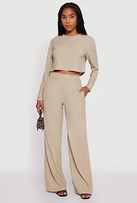 Womens Textured Knit Paper Bag Waist Wide Leg Pants, Khaki, Size M