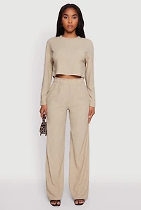 Womens Textured Knit Paper Bag Waist Wide Leg Pants, Khaki,