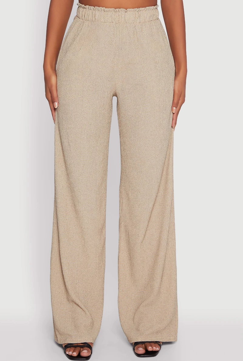 Womens Textured Knit Paper Bag Waist Wide Leg Pants, Khaki, Size M
