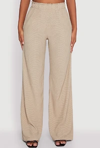 Womens Textured Knit Paper Bag Waist Wide Leg Pants, Khaki, Size M