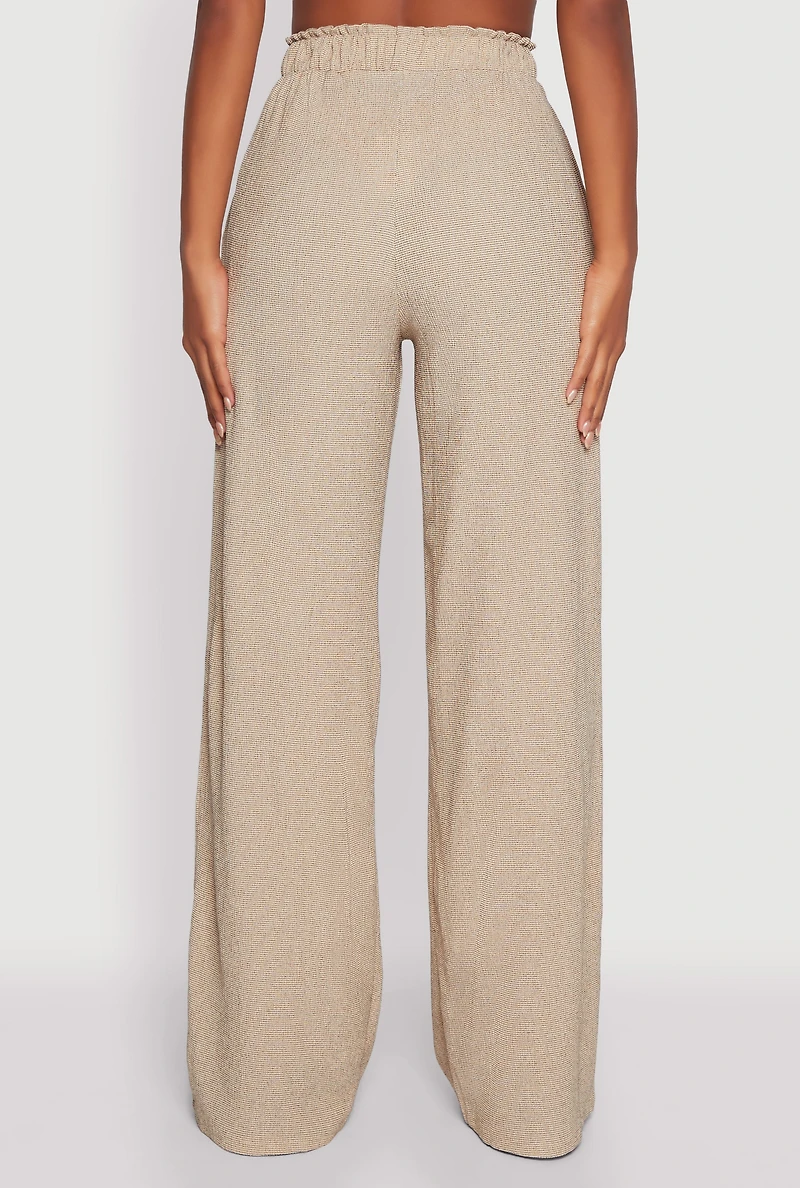 Womens Textured Knit Paper Bag Waist Wide Leg Pants, Khaki, Size M