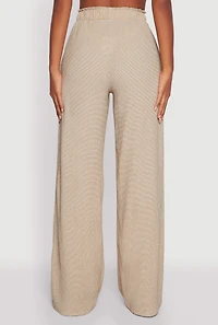 Womens Textured Knit Paper Bag Waist Wide Leg Pants, Khaki, Size M