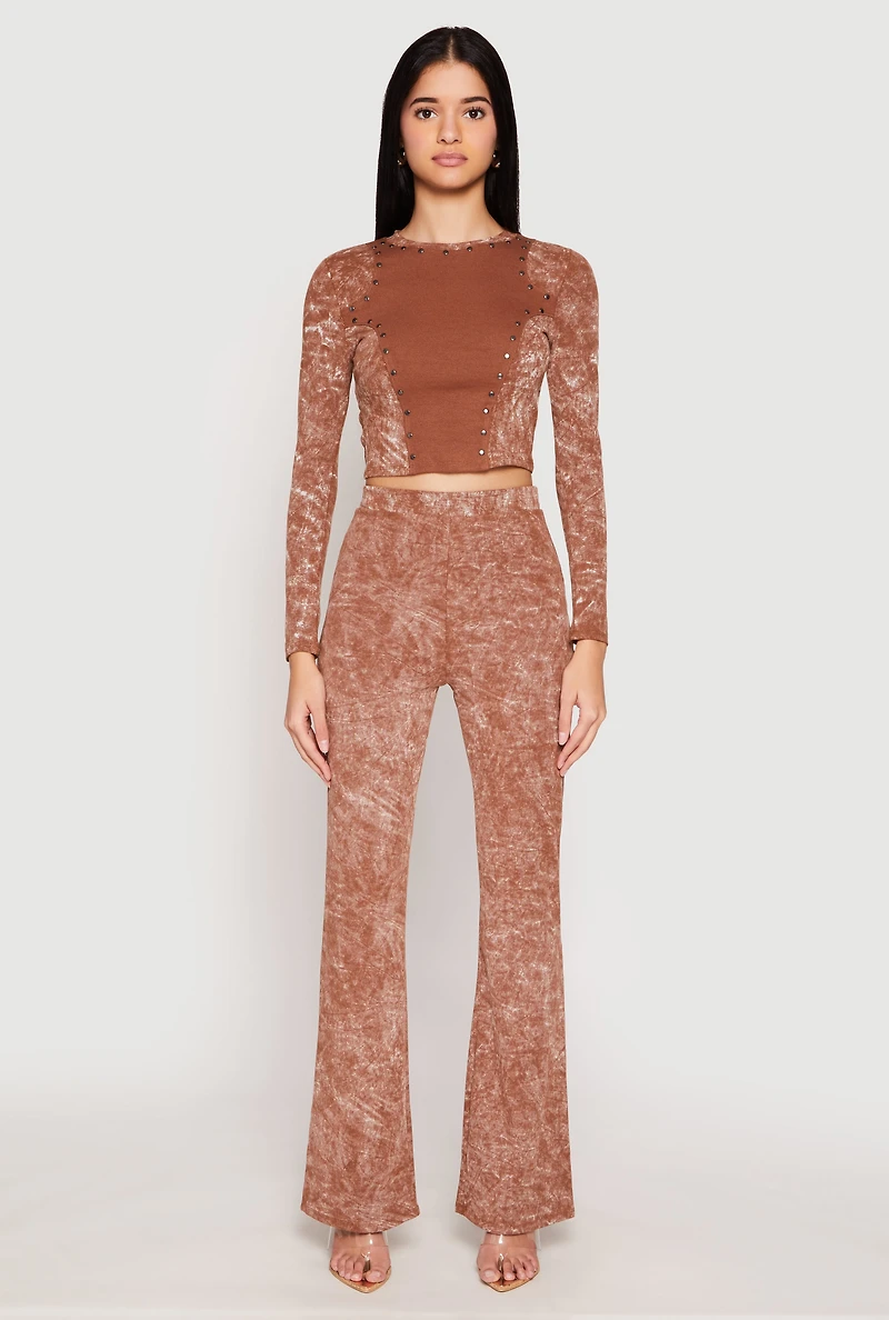 Womens Mineral Wash High Waist Flare Pants, Brown, Size S