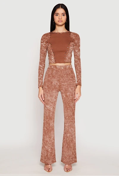 Womens Mineral Wash High Waist Flare Pants, Brown, Size S