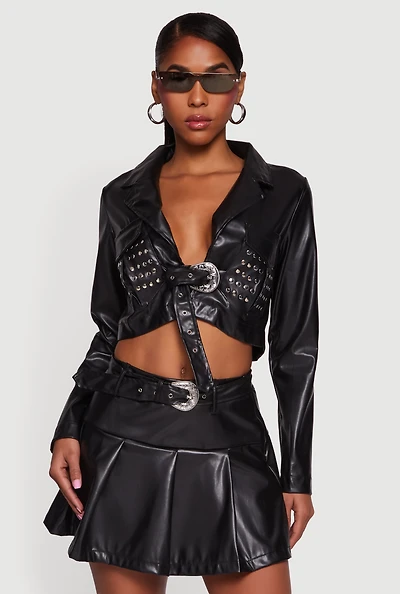 Cropped Faux Leather Belted Front Studded Jacket