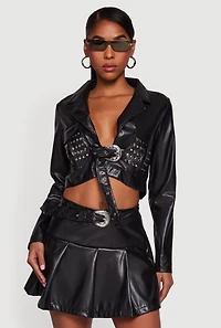 Cropped Faux Leather Belted Front Studded Jacket