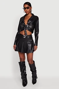 Womens Cropped Faux Leather Belted Front Studded Jacket, Black, Size M