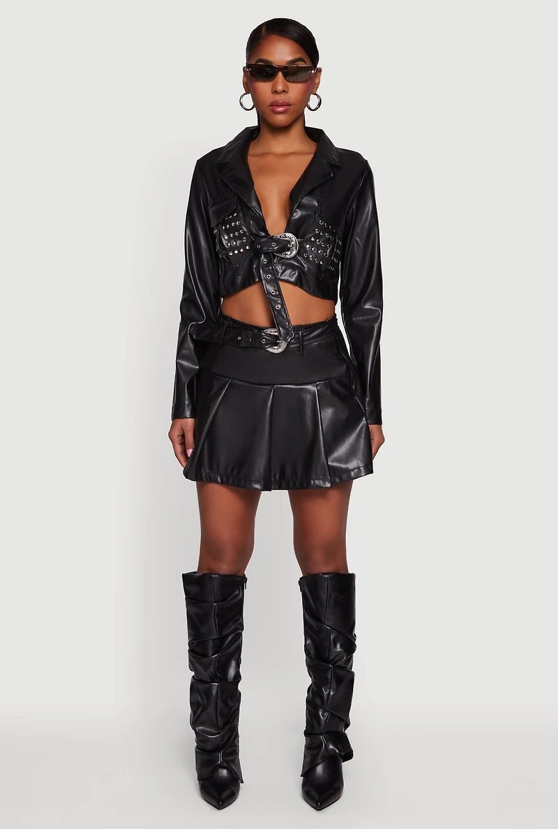 Cropped Faux Leather Belted Front Studded Jacket