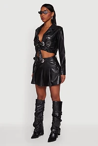 Cropped Faux Leather Belted Front Studded Jacket