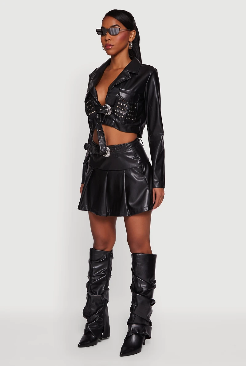 Cropped Faux Leather Belted Front Studded Jacket