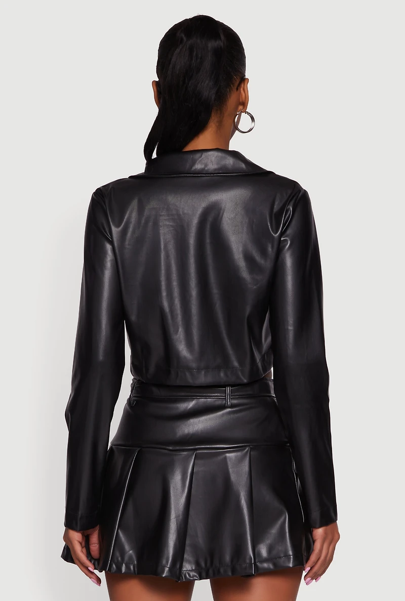 Womens Cropped Faux Leather Belted Front Studded Jacket, Black, Size M