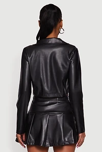 Womens Cropped Faux Leather Belted Front Studded Jacket, Black, Size M