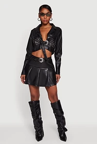 Womens Belted Faux Leather Drop Waist Pleated Skirt, Black,