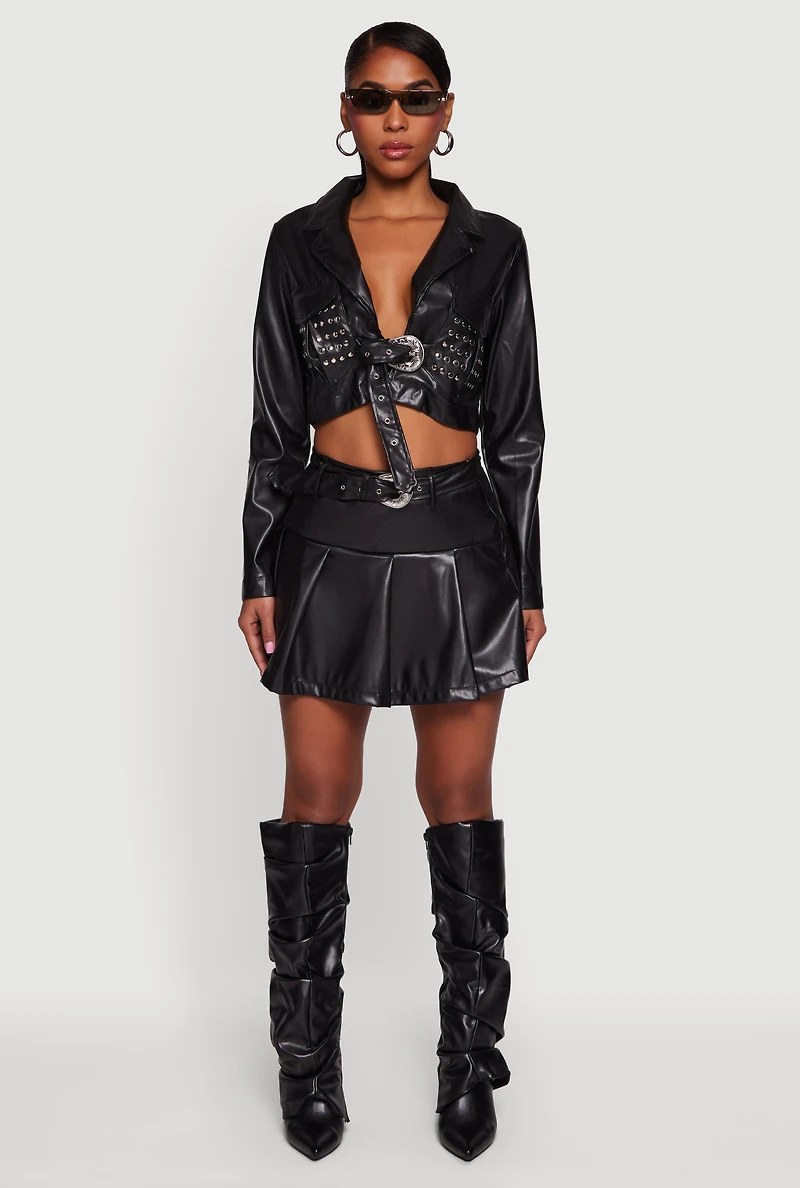 Womens Belted Faux Leather Drop Waist Pleated Skirt, Black,