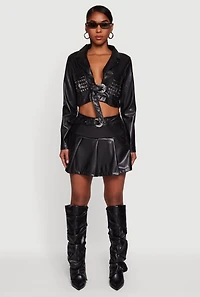 Belted Faux Leather Drop Waist Pleated Skirt