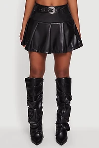Womens Belted Faux Leather Drop Waist Pleated Skirt, Black,