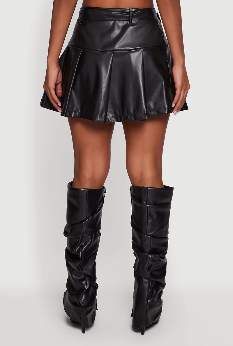 Belted Faux Leather Drop Waist Pleated Skirt