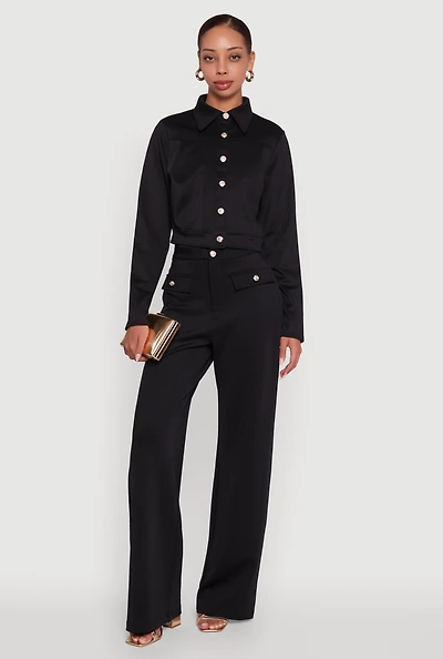 Womens Scuba Pocket Detail High Waisted Wide Leg Pants,