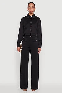 Womens Scuba Pocket Detail High Waisted Wide Leg Pants, Black, Size L