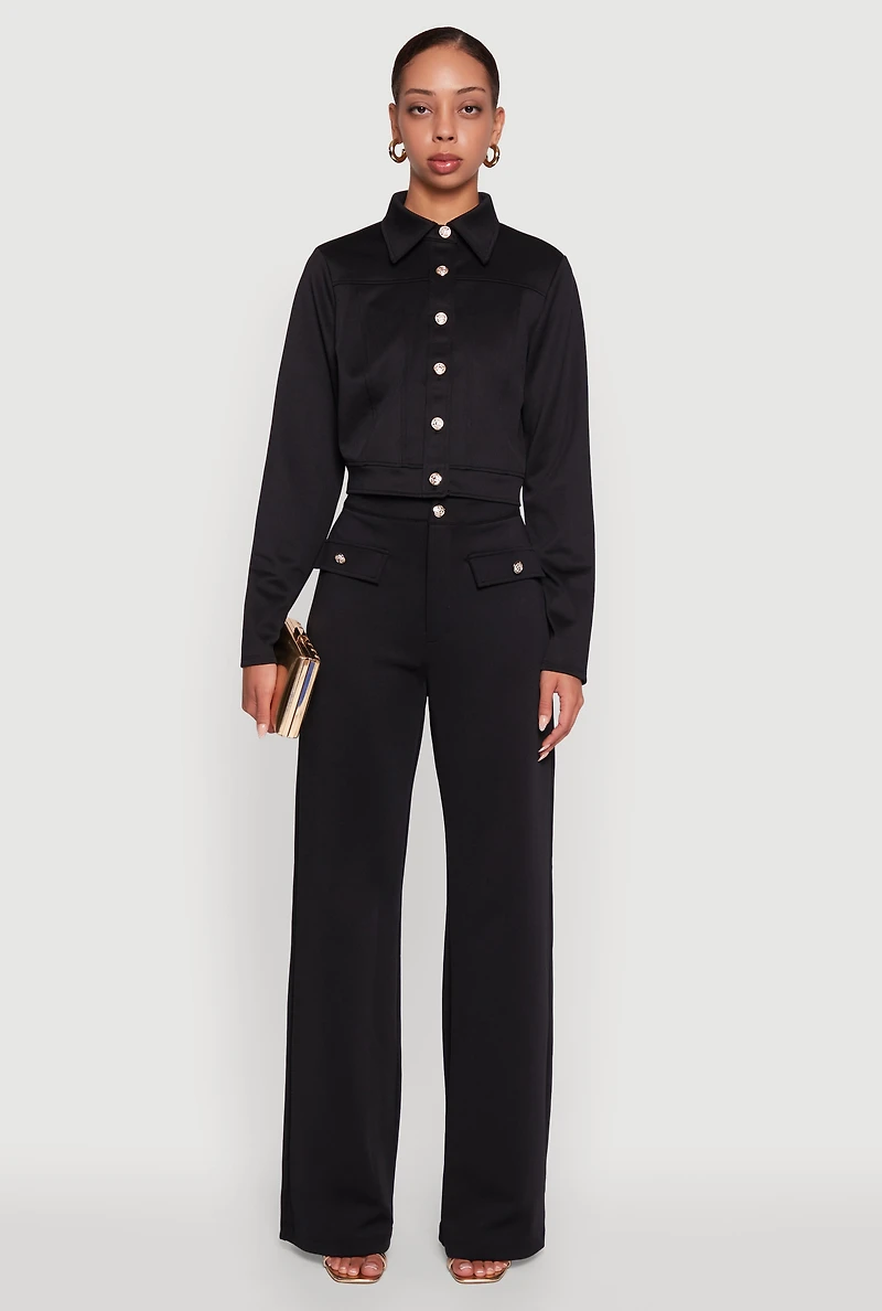 Womens Scuba Pocket Detail High Waisted Wide Leg Pants,