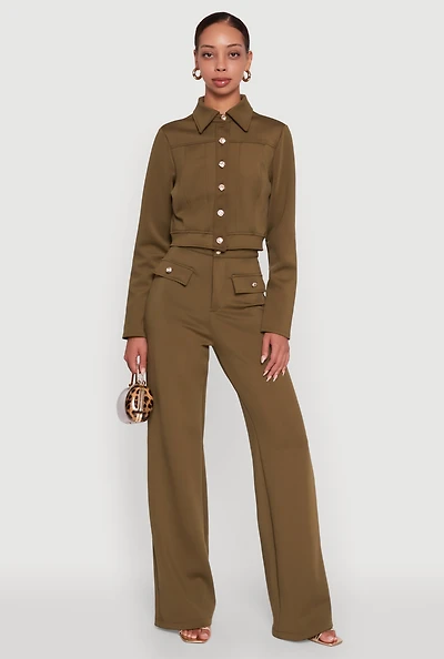 Womens Scuba Pocket Detail High Waisted Wide Leg Pants, Green, Size M