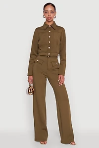 Womens Scuba Pocket Detail High Waisted Wide Leg Pants, Green, Size M