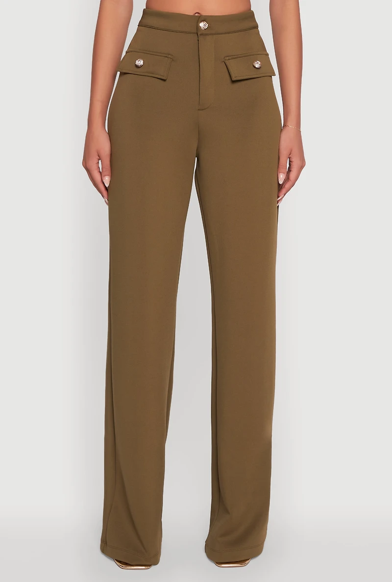 Womens Scuba Pocket Detail High Waisted Wide Leg Pants, Green, Size M