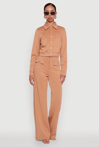 Womens Scuba Pocket Detail High Waisted Wide Leg Pants, Brown,