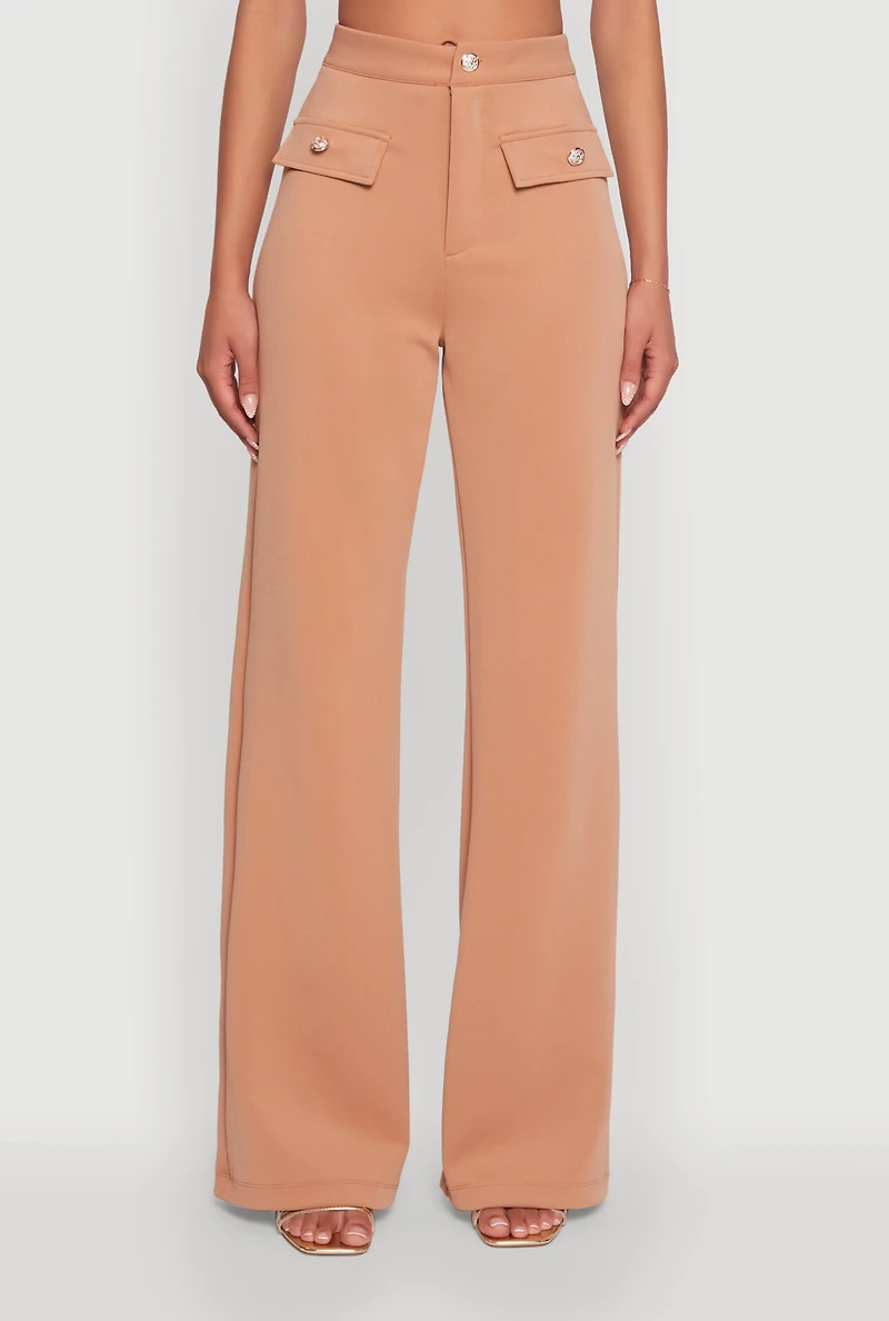 Womens Scuba Pocket Detail High Waisted Wide Leg Pants, Brown,
