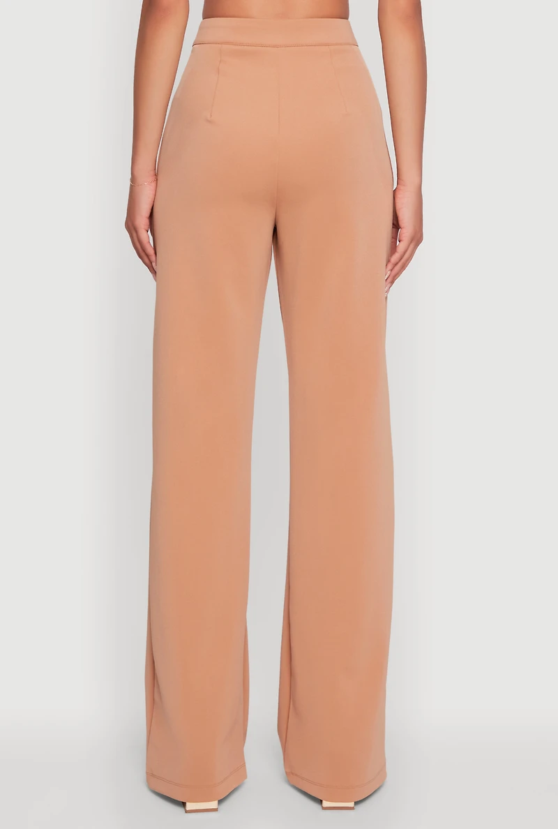 Womens Scuba Pocket Detail High Waisted Wide Leg Pants, Brown,