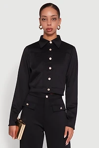 Womens Scuba Metallic Button Front Cropped Shacket, Black, Size S