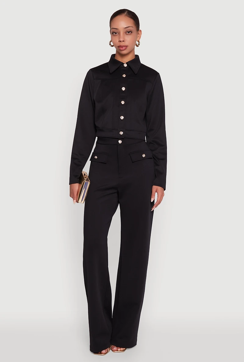 Womens Scuba Metallic Button Front Cropped Shacket,