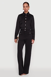 Womens Scuba Metallic Button Front Cropped Shacket, Black, Size M