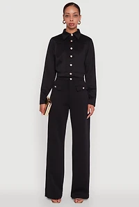 Womens Scuba Metallic Button Front Cropped Shacket,