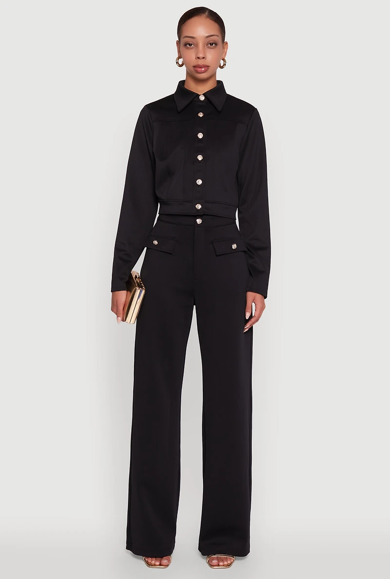 Womens Scuba Metallic Button Front Cropped Shacket,