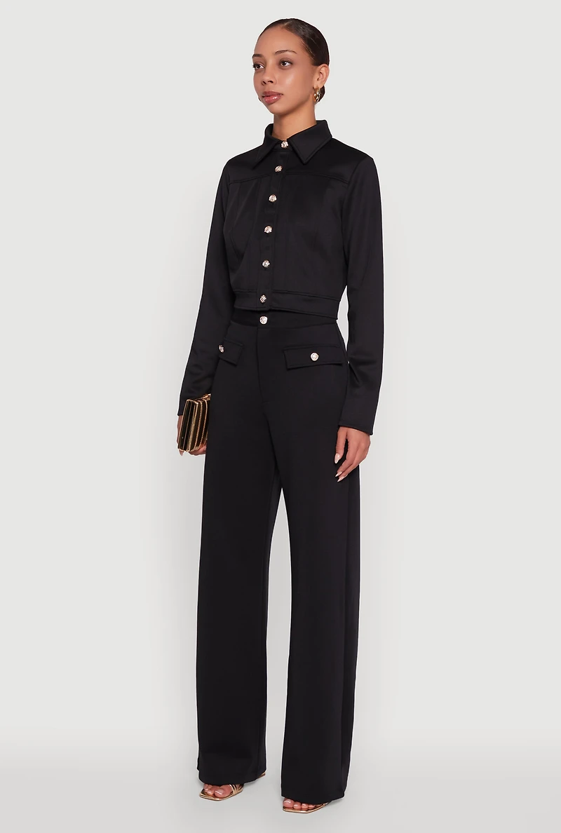 Womens Scuba Metallic Button Front Cropped Shacket,