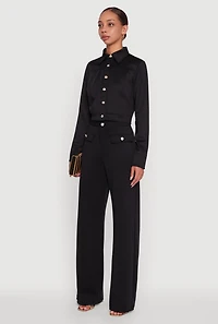 Womens Scuba Metallic Button Front Cropped Shacket, Black, Size M