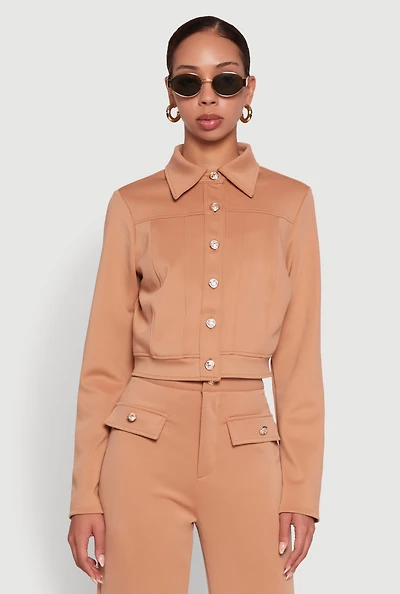 Womens Scuba Metallic Button Front Cropped Shacket, Brown, Size L