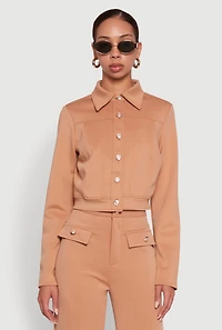 Womens Scuba Metallic Button Front Cropped Shacket, Brown, Size L