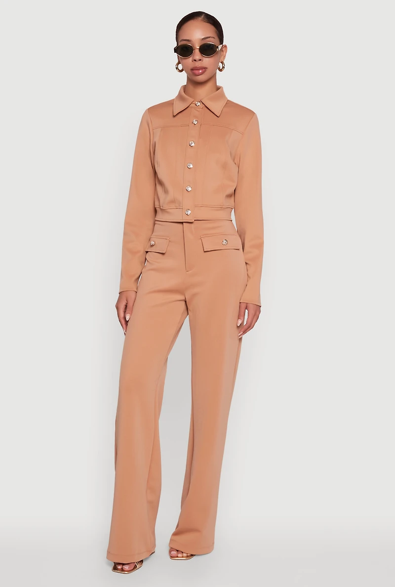 Womens Scuba Metallic Button Front Cropped Shacket, Brown, Size L