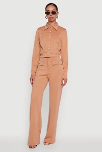 Womens Scuba Metallic Button Front Cropped Shacket, Brown, Size L