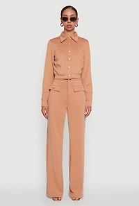 Womens Scuba Metallic Button Front Cropped Shacket, Brown, Size L