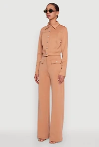 Womens Scuba Metallic Button Front Cropped Shacket, Brown, Size L