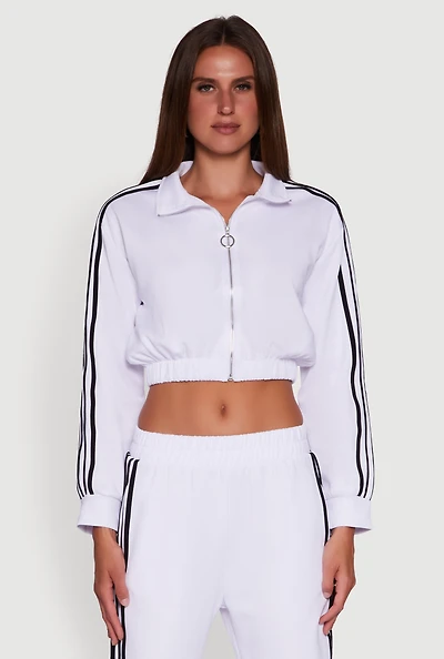 Womens Collared Contrast Trim Zip Front Track Jacket, White, Size S