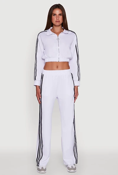 Womens Contrast Trim Wide Leg Track Pants, White, Size L